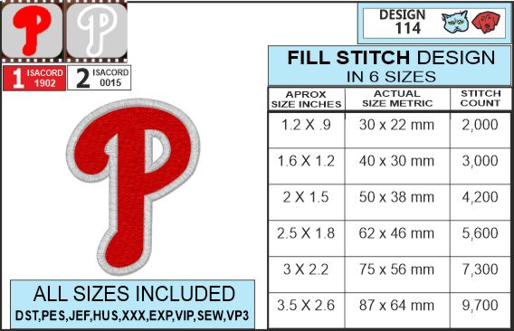 Phillies P embroidery design-infochart
